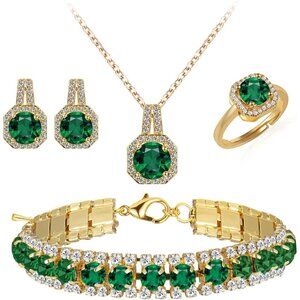 👑Women Classic Fashion Pendant Necklace Earrings Ring Gold Green Jewelry Set